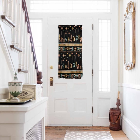 Orange Teal Botanical Door Curtains for Door Window, French Sidelight Front Back Door Curtains With Tieback, Boho Ethnic Geometric Black Kitchen Rod Pocket Drapes Panel, 25"x40"