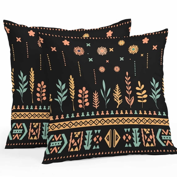 Orange Teal Botanical Outdoor Pillow Covers, Waterproof Decorative Throw Pillowcases Set of 2, Boho Ethnic Geometric Black Couch Cushion Cases with Zipper for Outside Patio Garden Sofa 18"x18"
