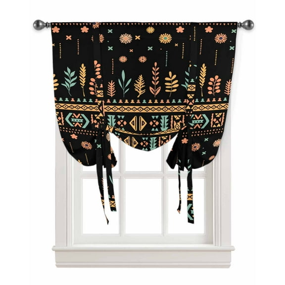 Orange Teal Botanical Tie Up Curtains for Kitchen Bathroom Bedroom Windows 45 Inch Length, Boho Ethnic Geometric Black Balloon Drape Curtains Shade Rod Pocket Drapery Curtain Panel, 34"x45"