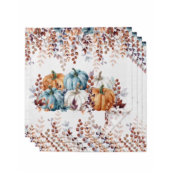 Orange Teal Brown Fall Cloth Napkins Set of 4 Reusable Dinner Napkins, Thanksgiving Botanical Vintage Cocktail Napkin Washable Table Napkins for Wedding/Holiday Party/Baby Shower 20"x20"