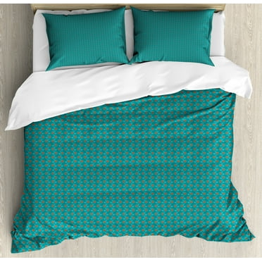 Orange and Teal Duvet Cover Set King Size, Pattern with Vertical Abstract Flowers Leaves on Swirled Stems, Decorative 3 Piece Bedding Set with 2 Pillow Shams, Dark Orange and Teal, by Ambesonne