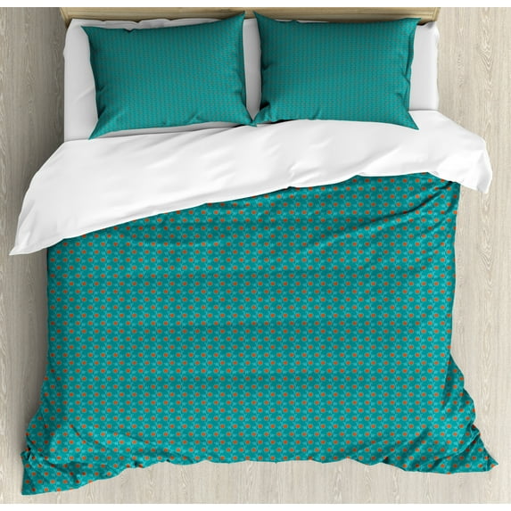 Orange and Teal Duvet Cover Set Queen Size, Pattern with Vertical Abstract Flowers Leaves on Swirled Stems, Decorative 3 Piece Bedding Set with 2 Pillow Shams, Dark Orange and Teal, by Ambesonne