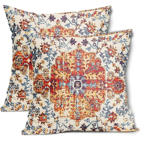 Orange Teal Ethnic Boho Throw Pillow Covers 20X20 Inches Set of 2 Bohemian Carpet Vintage Decorative Pillow Cases Rust Red Coral Floral Pillow Cover Farmhouse Home Decor for Couch Patio Porch Outdoor