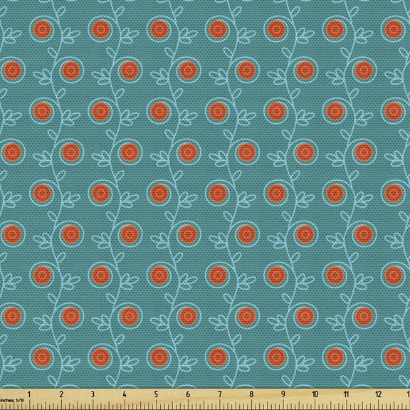 Ambesonne Orange and Teal Fabric by the Yard Upholstery, Swirls and Flowers, 10 Yards, Dark Orange and Teal