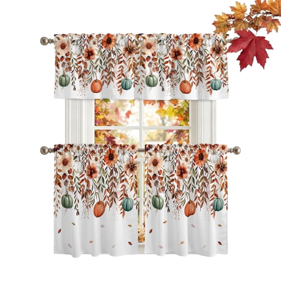 Orange Teal Fall Kitchen Curtains Sets 36 Inch Length Tier Curtain, Weeping Botanical Pumpkins Thanksgiving Rod Pocket Window Treatments, Window Valance Curtains for Bathroom/Bedroom/Cafe 3 Panels