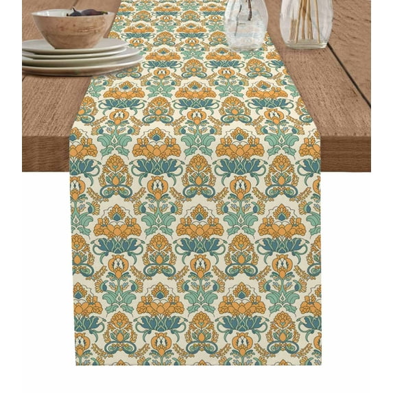 Orange Teal Geometric Burlap Cotton Table Runner 14x72 Inches Long, Ethnic Southwest Country Farmhouse Table Runners, Outdoor Dining Tablecloths Decor for Baby Shower/Party/Wedding