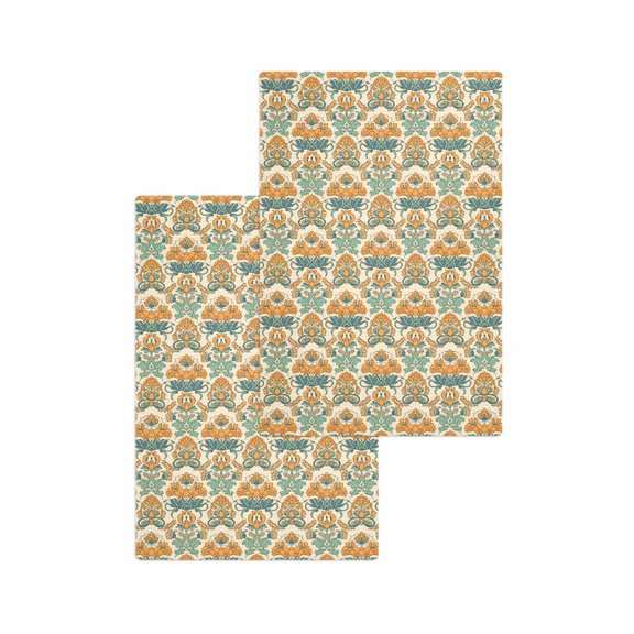 Orange Teal Geometric Kitchen Dish Towels for Drying Dishes Set of 2, Ethnic Southwest Country Waffle Weave Microfiber Terry Hand Tea Bathroom Towels Quick Dry & Absorbent Towel 15.7x23.6