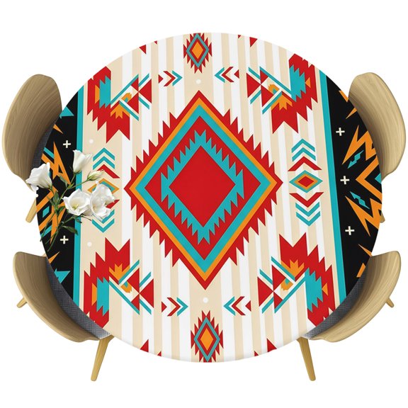 Orange Teal Geometric Round Tablecloth 36-44 Inch Round Fitted Table Cloth with Elastic Edge, Boho Modern Abstract Beige Stripe Waterproof Table Cover Protector for Outdoor Picnic Party Dining