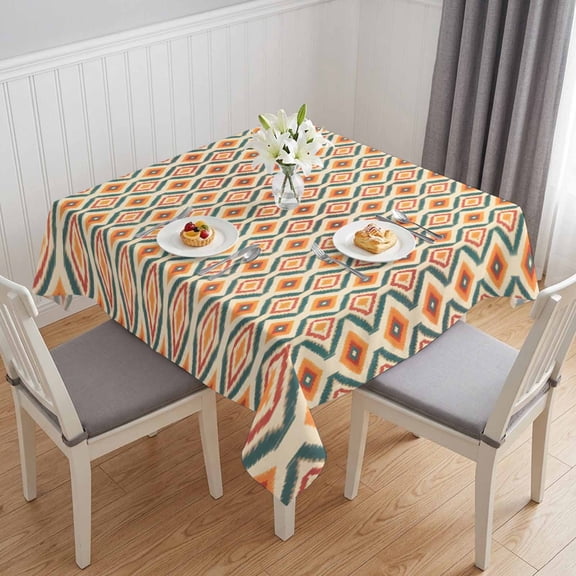 Orange Teal Geometric Table Cloth Waterproof Tablecloths, Southwest Ethnic Country Tablecloth Dining Table Cover for Kitchen Party Tabletop Outdoor, Square Tablecloth 54x54 Inch