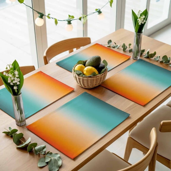 Orange Teal Gradient Placemats Set of 4,Wipeable Washable Table Mats for Dining Tables, Modern Ombre Style Place Mats for Kitchen Event Party Tabletop Decor
