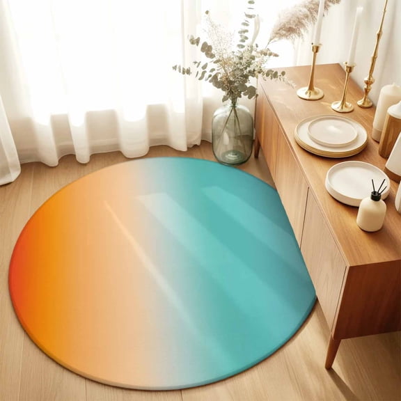Orange Teal Gradient Round Area Rug 3ft,Living Room Rug Non-Slip Washable Circle Rugs Pad,Modern Ombre Style Soft Floor Carpet for Bedroom Dining Room