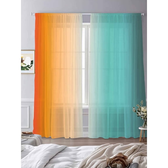 Orange Teal Gradient Sheer Curtains 2 Panels Set Modern Ombre Style Lihgt Filtering Rod Pocket Voile Drape,Semi Sheer Window Curtains for Bedroom Living Room,52"x84"