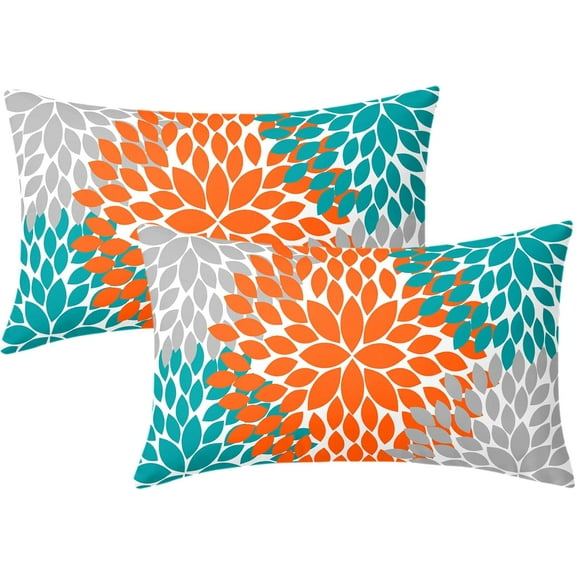 Orange Teal Grey Pillow Covers 12x20 Dahlias Floral Modern Farmhouse Rustic Decorative Cotton Couch Lumbar Pillow Cases with Zipper Set of 2 Home Decor for Living Room Bedroom Bed Cushion Outdoor