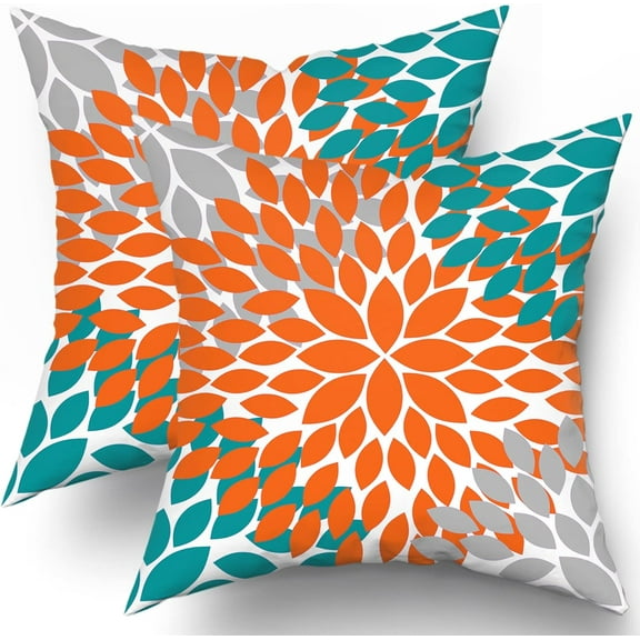 Orange Teal Grey Pillow Covers 20x20 Dahlias Floral Modern Farmhouse Rustic Decorative Cotton Couch Pillow Cases with Zipper Set of 2 Home Decor for Living Room Bedroom Bed Cushion Outdoor