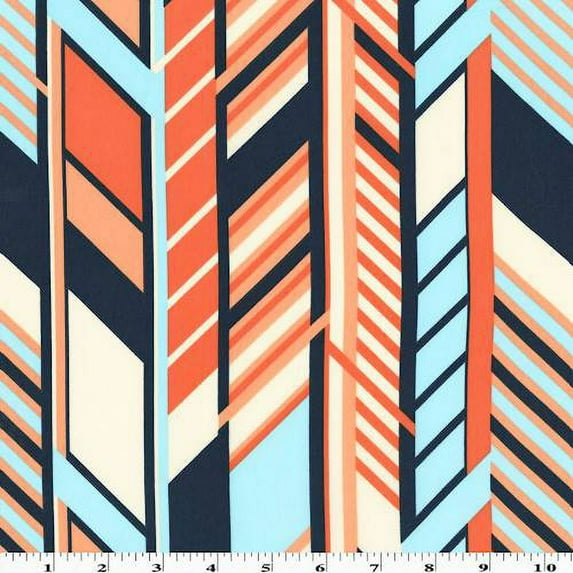 Orange/Teal/Multi Abstract Chevron Print Faille, Fabric By the Yard