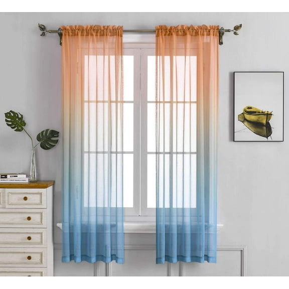 Orange Teal Ombre Sheer Curtains for Kids playroom 2 Panels Rod Pocket Bedroom Window Semi Voile Drapes Faux Linen Décor Girls Livingroom Room Decoration Party 84 Inch Long