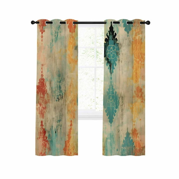 Orange Teal Red Blackout Curtains 39 Inches Long for Bedroom, Boho Ethnic Abstract Splashing Art Thermal Insulated Room Darkening Black Out Window Curtain Panels Grommet Drapes for Living Room