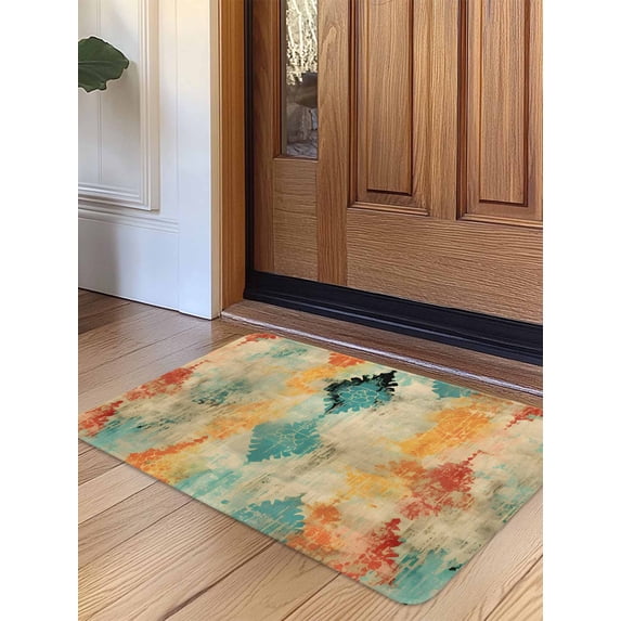 Orange Teal Red Door Mat Indoor Outdoor Entrance, Non Slip Rug for Kitchen Bathroom Entryway Rug, Boho Ethnic Abstract Splashing Art Washable Doormat Floor Mat for Office Home Decor 20x31.5 Inch