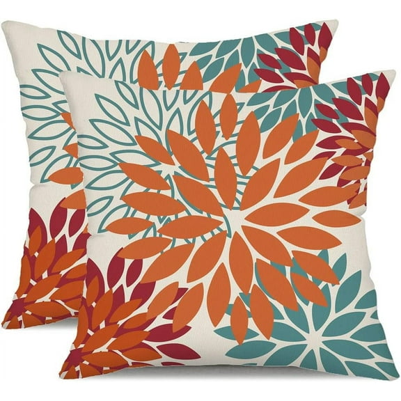 Orange Teal Red Flower Pillow Covers 18x18 Inch Set of 2 Fall Throw Pillows Outdoor Waterproof Decor for Living Room Sofa Patio Funiture Garden Floral Polyester Pillow Covers 002Y18