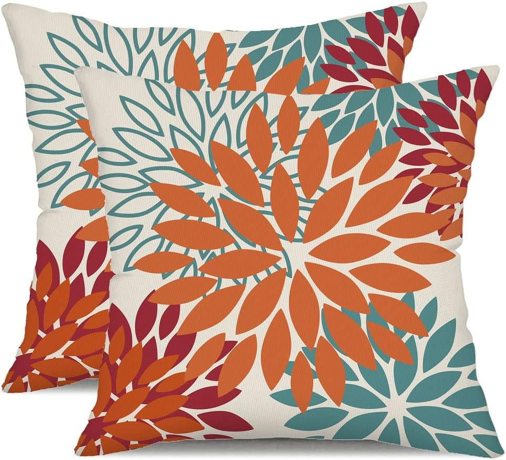 Orange Teal Red Flower Pillow Covers 22x22 Inch Set of 2 Fall Throw Pillows Outdoor Waterproof Decor for Living Room Sofa Patio Funiture Garden Floral Polyester Pillow Covers 002Y22