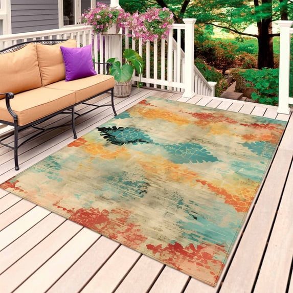 Orange Teal Red Outdoor Rug for Patio/Deck/Porch, Non-Slip Large Area Rug 3 x 5 Ft, Boho Ethnic Abstract Splashing Art Indoor Outdoor Rugs Washable Area Rugs, Reversible Camping Rug Carpet Runner