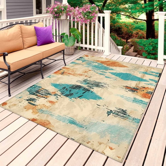 Orange Teal Red Outdoor Rug for Patio/Deck/Porch, Non-Slip Large Area Rug 4 x 6 Ft, Boho Modern Abstract Splashing Art Indoor Outdoor Rugs Washable Area Rugs, Reversible Camping Rug Carpet Runner