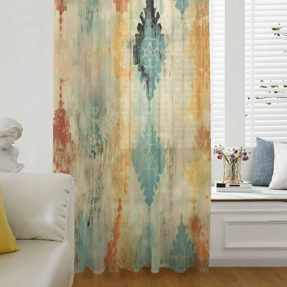 Orange Teal Red Semi Sheer Curtains Drapes for Living Room, Bedroom, French Doors Window 72 Inches Long, Boho Ethnic Abstract Splashing Art Rod Pocket Chiffon Curtain Drapery Voile Draperies Panel