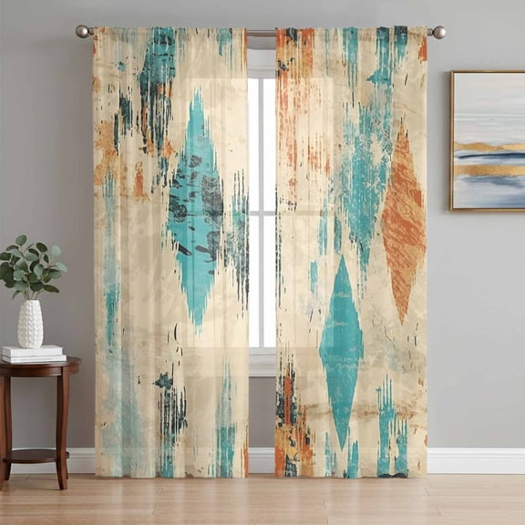 Orange Teal Red Sheer Curtains 84 Inch Length 2 Panels Set, Boho Modern Abstract Splashing Art Voile Window Treatment Rod Pocket Curtains Sheers Drapes for Bedroom/Living Room/Kitchen 52"x84"x2