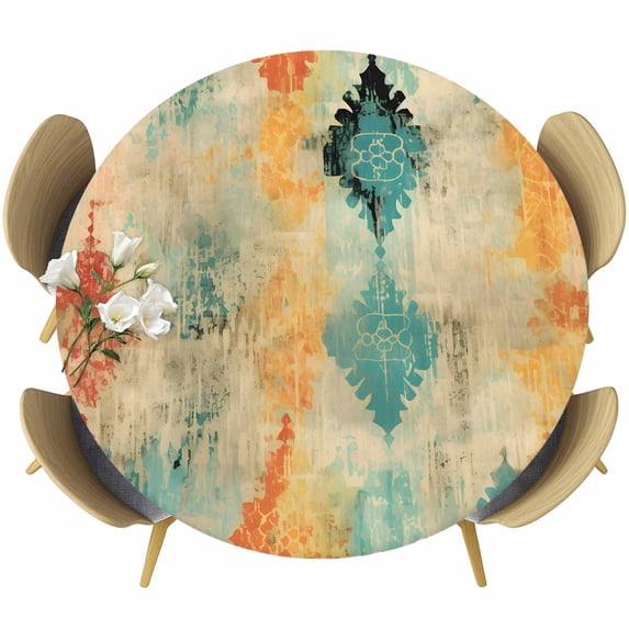Orange Teal Red Table Cloth, Round Fitted Tablecloths with Elastic Edge, Boho Ethnic Abstract Splashing Art Wipeable Waterproof Table Cover for Kitchen Wedding 36-44 Inches
