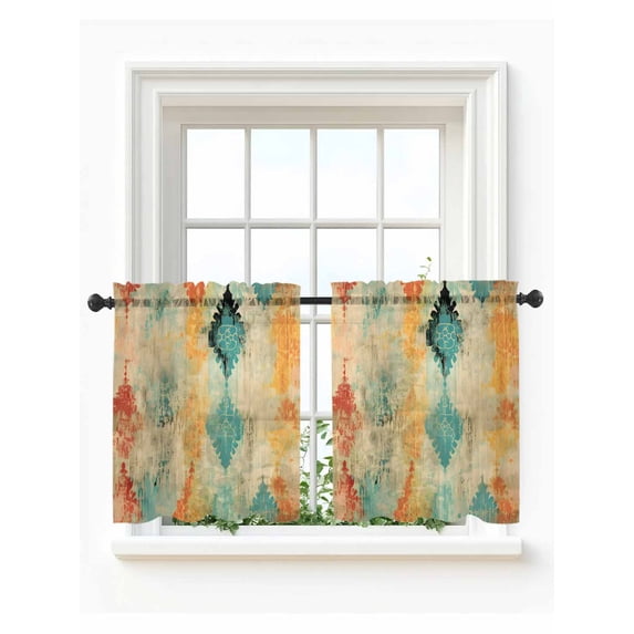 Orange Teal Red Tier Curtains 24 Inch Length,Sheer Curtains for Bedroom Living Room Window Boho Ethnic Abstract Splashing Art Rod Pocket Drapes Kitchen Curtains Small Half Window 27.5"x24" 2 Panels