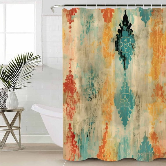 Orange Teal Red Waterproof Fabric Shower Curtain, Boho Ethnic Abstract Splashing Art Shower Curtain for Bathroom Curtains Bathtubs Hotel Washable Shower Curtains with 12 Hooks Stall 48x72in