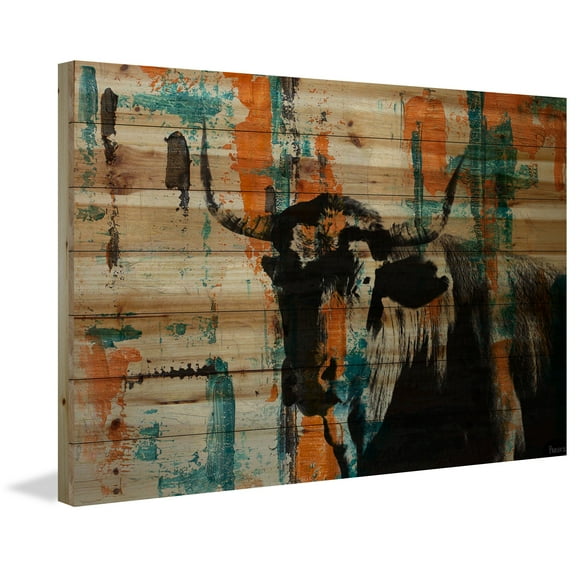 "Orange Teal Steer" Painting Print on Natural Pine Wood