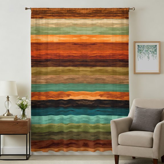 Orange Teal Wooden Sheer Curtains 108" Extra Long for Living Room, Farmhouse Striped Modern Art Light Filtering Privacy Drapes, Breathable Semi Sheer Window Treatment for Floor to Ceiling Window