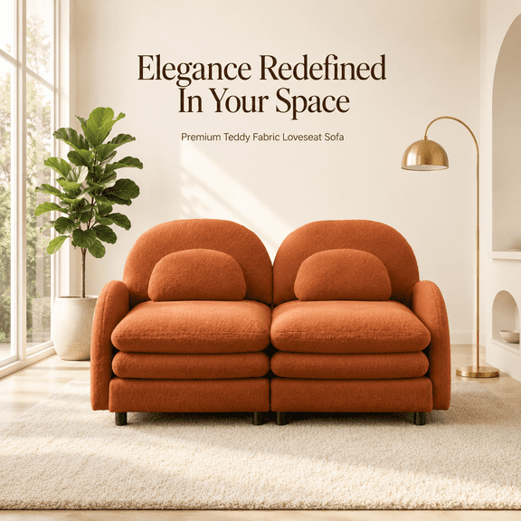 Orange Teddy Fabric Loveseat Sofa, Small Space 2 Seater Couch