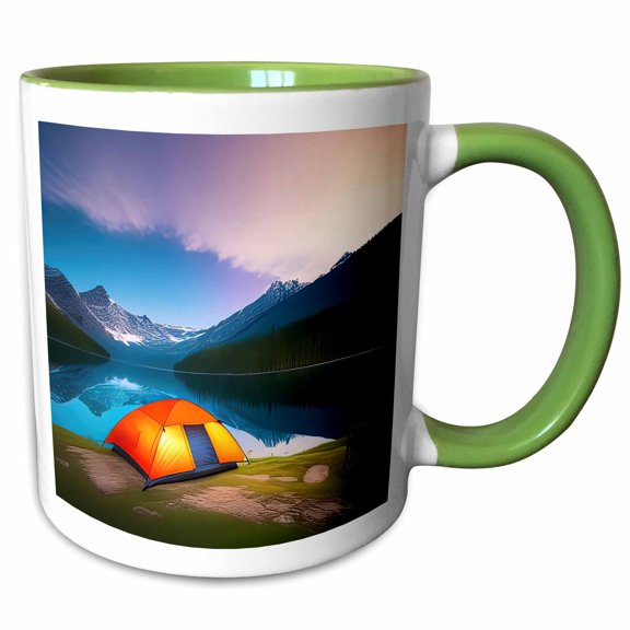 3drose, Orange Tent by the Mountain Lake Early in the Morning. Happy Camper, 11oz Two-tone Green Mug