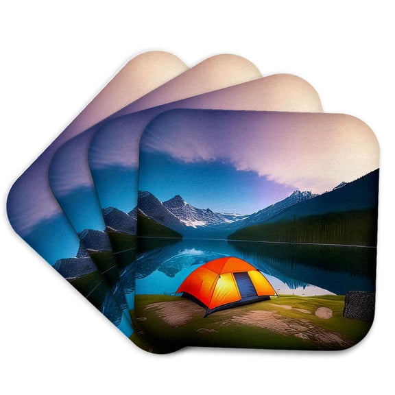 3drose, Orange Tent by the Mountain Lake Early in the Morning. Happy Camper, Set of 4 Coasters - Soft