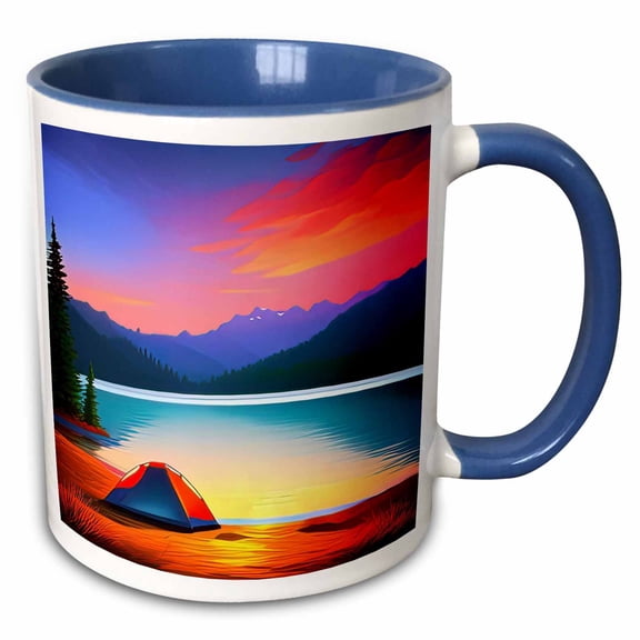 3drose, Orange Tent by the Mountain Lake. Red Clouds, Sunset. Happy Camper, 15oz Two-tone Blue Mug