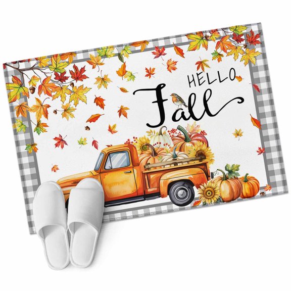 Orange Thanksgiving 2'x3' Washable Rug, Fall Gray Plaid Truck Pumpkins Leaves Retro Non-Slip Soft Doormat Area Rugs for Entrance Bathroom Bedsides, Carpet for Kitchen Bedroom, Entryway Floor Mat