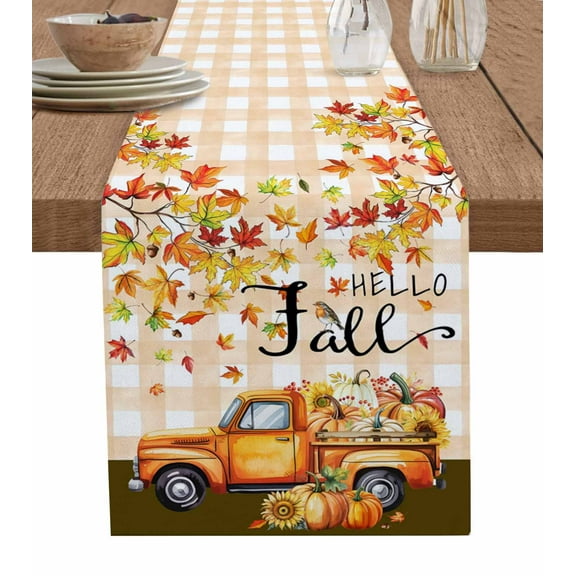 Orange Thanksgiving Burlap Cotton Table Runner 14x72 Inches Long, Fall Beige Plaid Truck Pumpkins Leaves Retro Farmhouse Table Runners, Outdoor Dining Tablecloths Decor for Baby Shower/Party/Wedding
