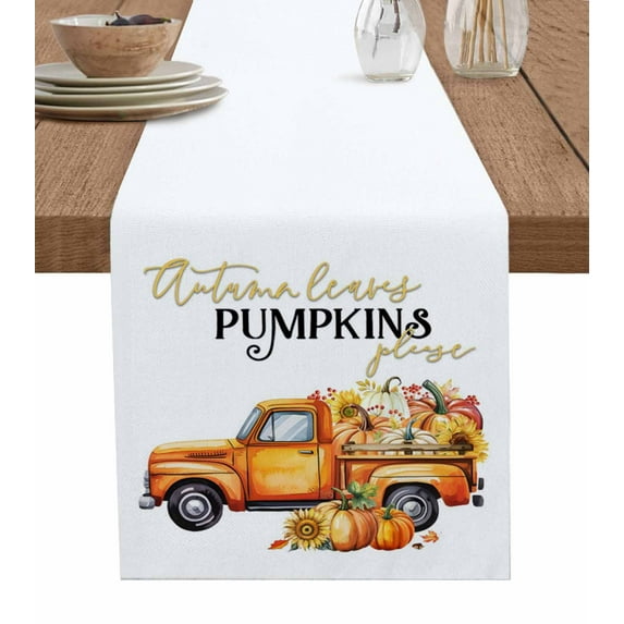 Orange Thanksgiving Burlap Cotton Table Runner 18x72 Inches Long, Fall Truck Pumpkins Watercolor Farmhouse Table Runners, Outdoor Dining Tablecloths Decor for Baby Shower/Party/Wedding