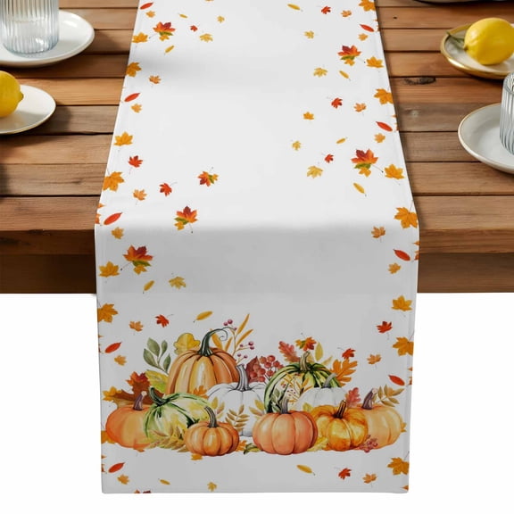 Orange Thanksgiving Cotton Linen Table Runner for Dining Kitchen, Fall Pumpkins Maple Leaves Autumn Wedding Outdoor Party Tablerunners Decoration, Dresser Scarf Coffee Tablecloth Runners 13x36 Inches