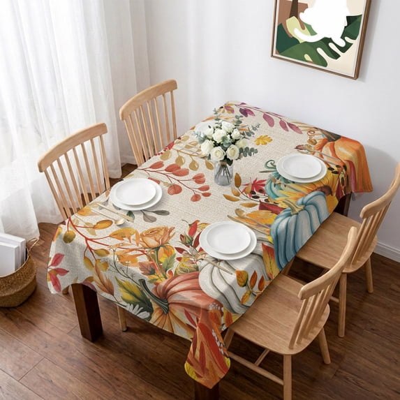 Orange Thanksgiving Fall Table Cloth Waterproof Tablecloths, Orange Blue Pumpkins Botanical Rustic Tablecloth Dining Table Cover for Kitchen Party Tabletop Outdoor, Rectangle Tablecloth 60x102 Inch