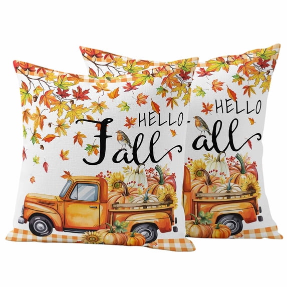 Orange Thanksgiving Outdoor Waterproof Pillow Covers, Fall Truck Pumpkins Maple Leaves Retro Decorative Square Throw Pillowcase Sofa Cushion Sham for Patio/Couch/Chair, 20"x20" 2 Pack