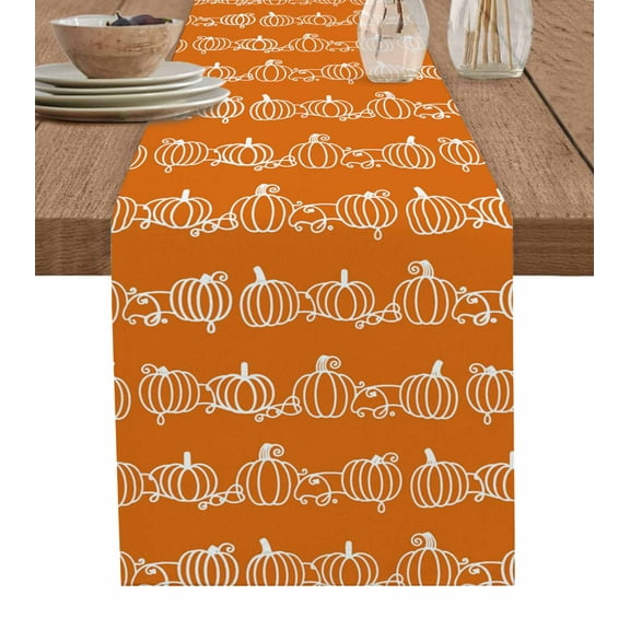 Orange Thanksgiving Pumpkins Table Runner 90 Inches, Fall Simple Lines Country Bed Runner Dresser Scarves Tabletop for Indoor Outdoor Parties/Ceremony/Banquet, 13" x 90"
