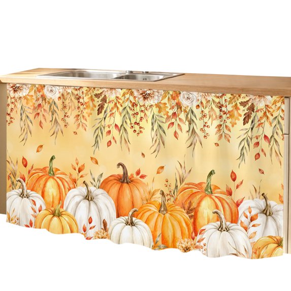 Orange Thanksgiving Sink Skirt Curtain 32''x55'',Fall Country Pumpkin Leaves Flowers Cabinet Door Curtain Pantry Utility Curtains,Bathroom Kitchen Laundry Privacy Drape Waterproof Dishwasher Curtains