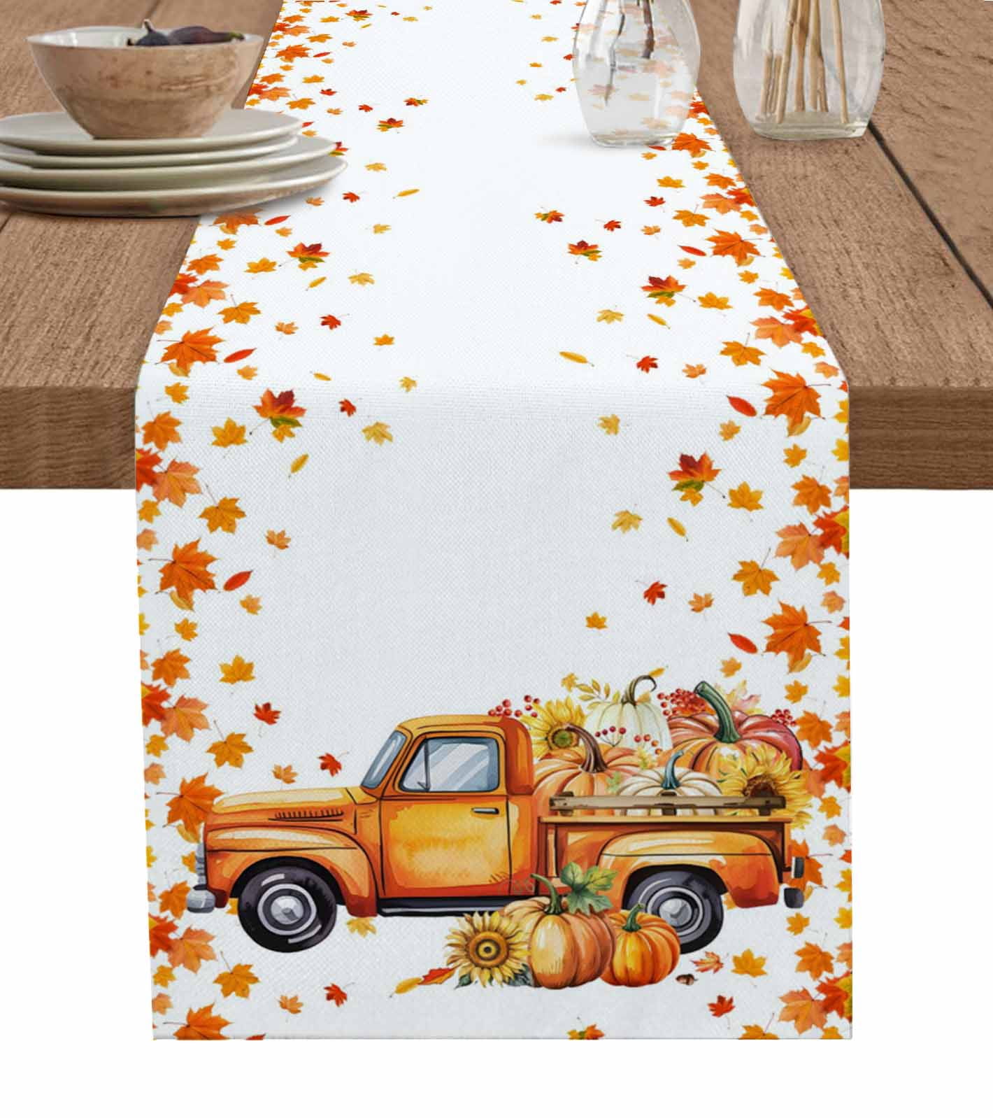 Orange Thanksgiving Table Runner Truck Pumpkins Maple Leaves ...