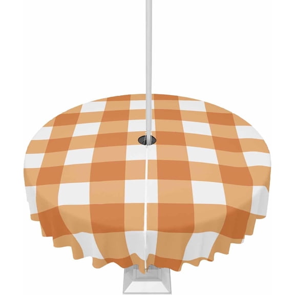 Orange Theme Buffalo Plaid Outdoor Round Tablecloth with Umbrella Hole 60inch Waterproof Tablecloth Zippered Patio Table Cloth, Check Texture Wrinkle-Free Decorative Table Cover for Picnic Dining