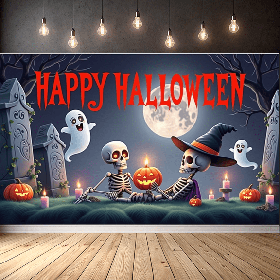 Orange Theme Halloween Banner Witch Hat Skull Decoration Fabric Material for Halloween Party Outdoor Decoration Indoor Decoration