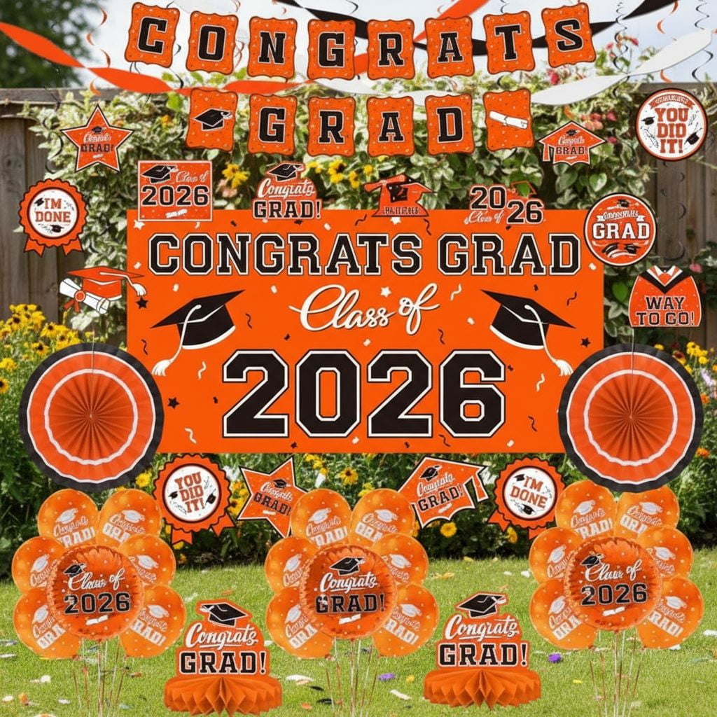 Orange Themed 2026 Graduation Decorations Set - Congrats Grad Banner ...