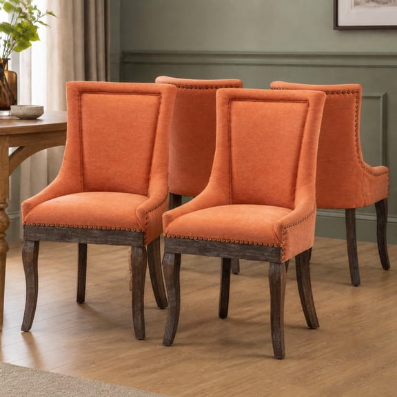 Orange Thickened Fabric Dining Chairs Set of 4, Kitchen & Dining Room Chairs Set of 4, Upholstered Dining Chairs, Solid Wood Frame (Orange, 4 Pcs)